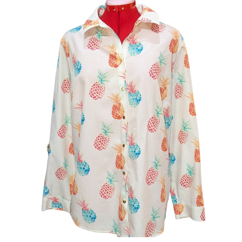 Cotton Pineapple Print Button-Up Shirt